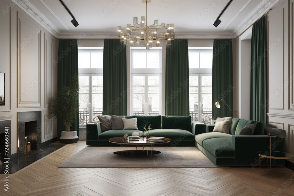 A large spacious living room in a modern style. Interior with a large dark green sofa, coffee table, big windows, fireplace in front of the sofa in stylish home decor A large spacious living room in a modern style. Interior with a large dark green sofa, coffee table, big windows, fireplace in front of the sofa in stylish home decor