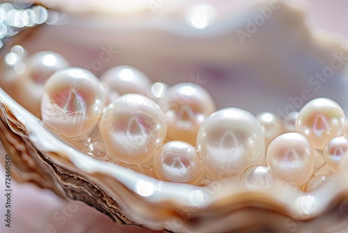 Cultured pearls in oyster shell closeup and selective focus