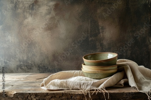 Culinary concept Still life of ceramic bowls on table with linen cloth Empty area for writing