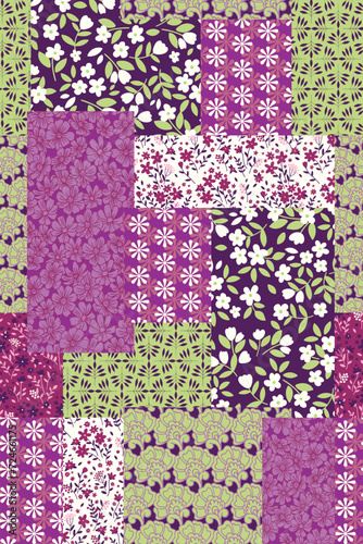 Patchwork floral seamless pattern with paisley and Indian flower motifs. Cottage core print for textile and decoration. Colorful retro background. Ditsy floral vector wallpaper.