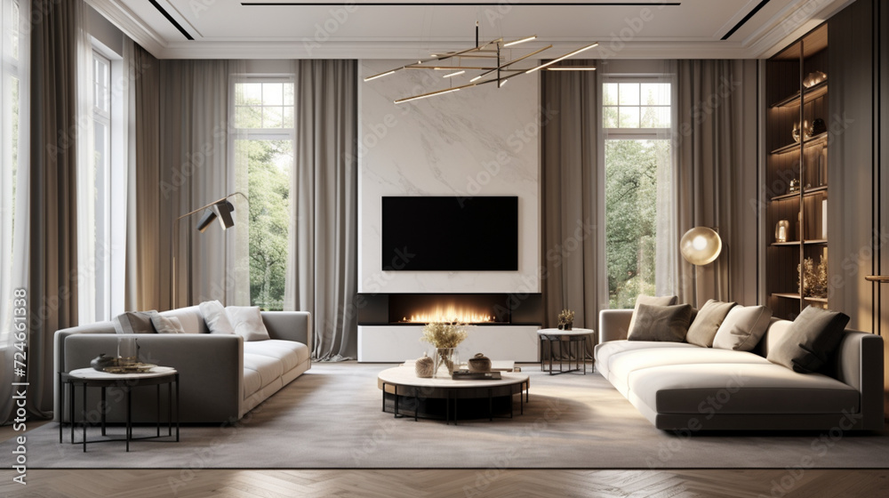 Fototapeta premium A large spacious living room in a modern style. Interior with a large gray sofa, coffee table, big windows, fireplace in front of the sofa in stylish home decor