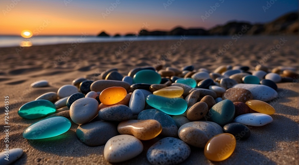 beautiful beach colored stones in the beach side with waves at the night, phosphorus stones, colored beach stones background