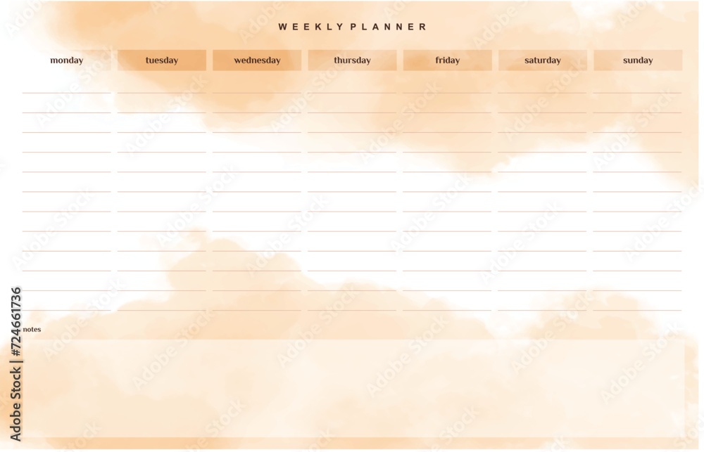 Weekly Planner with Peach Watercolor Stains on White Background. Simple Weekly Organizer Divided Into Days, with Space for Notes. English Version. Printable Vector Timetable with Copy Space.
