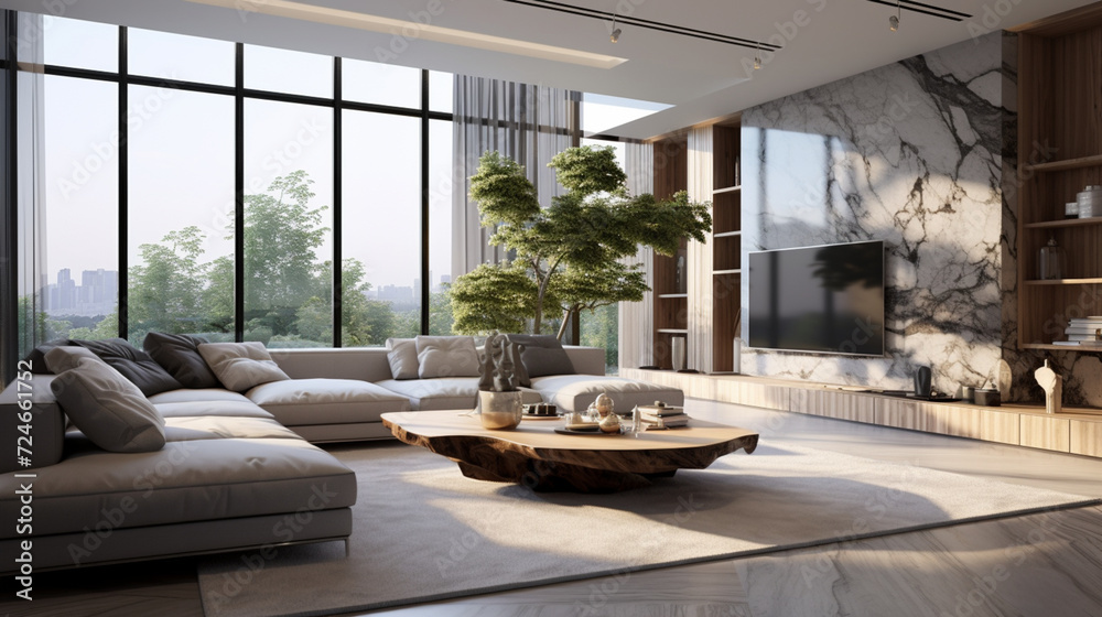 A large spacious living room in a modern style. Interior with a large gray sofa, coffee table, big windows, fireplace in front of the sofa in stylish home decor A large spacious living room in a modern style. Interior with a large gray sofa, coffee table, big windows, fireplace in front of the sofa in stylish home decor