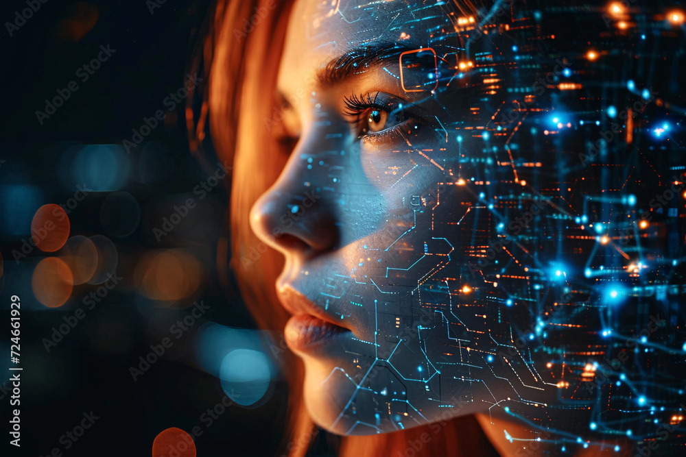 Woman's face overlaid with digital circuit pattern on a dark bokeh background