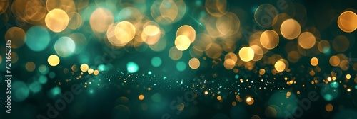 Abstract blur bokeh banner background. Gold bokeh on defocused emerald green background, Generative AI  photo