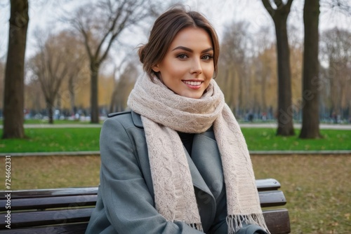 Beautiful young woman sitting on a bench in the spring or autumn coat and a fluffy scarf enjoying in park outdoors, glasses, urban life. Generative AI