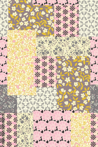 Patchwork floral seamless pattern with paisley and Indian flower motifs. Cottage core print for textile and decoration. Colorful retro background. Ditsy floral vector wallpaper.