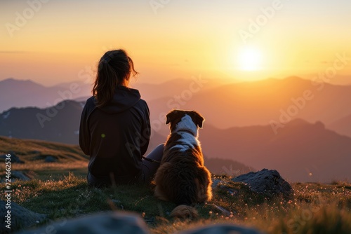 Rear view of female tourist with Bernese Mountain Dog enjoying idyllic view of landscape while sitting on grassy mountain during sunset