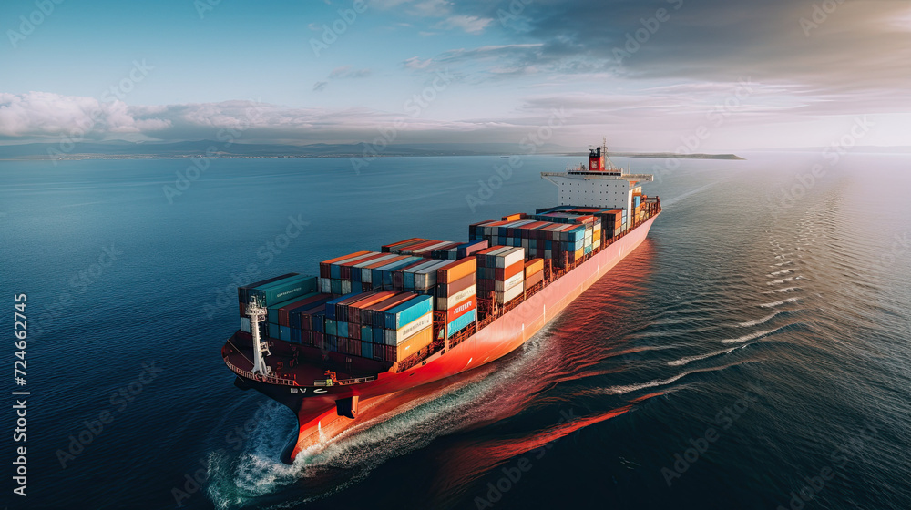 Front view, A loaded container cargo ship is seen ahead above the ocean - obrazy, fototapety, plakaty 