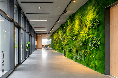 Green Office Aesthetics  Moss-Adorned Wall in Modern Workspace. Generative AI