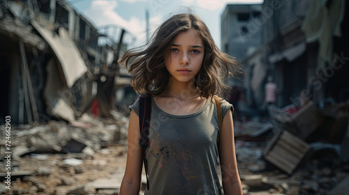 a sad young 7 years girl standing in front of collapse buildings area, natural disaster or war victim photo