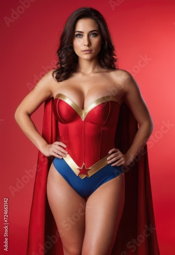 a woman in a red wonder superhero costume posing for the camera
