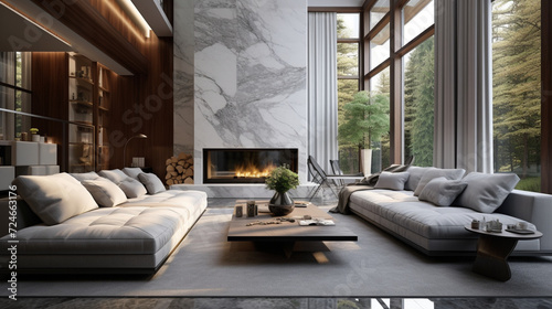 A large spacious living room in a modern style. Interior with a large gray sofa, coffee table, big windows, fireplace in front of the sofa in stylish home decor