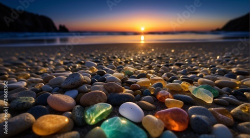 beautiful beach colored stones in the beach side with waves at the night, phosphorus stones, colored beach stones background