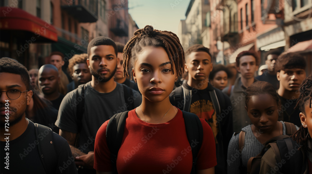 Fototapeta premium Young activists unite in a vibrant black and red protest, captured with earth-toned aesthetics, a focus on joints and connections, and bold colorism in this powerful city street scene