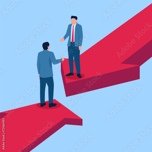 Two men want to shake hands but are at different heights, a metaphor for the failure of the merger. Simple flat conceptual illustration.