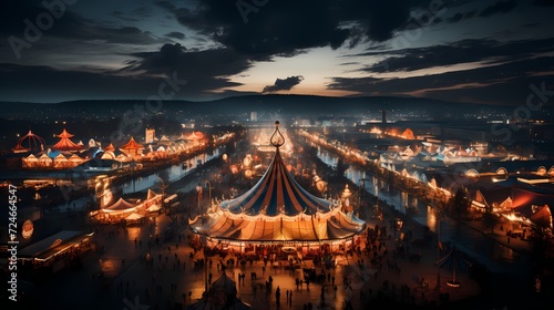 A bird's eye view of an empty carnival ground, rides still, lights waiting to illuminate the night