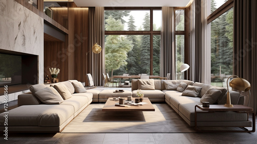 A large spacious living room in a modern style. Interior with a large gray sofa, coffee table, big windows, fireplace in front of the sofa in stylish home decor © EltaMax99