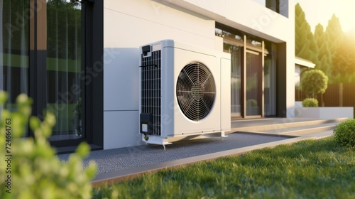 Heat pump on a modern house, Renewable Energy sources concept