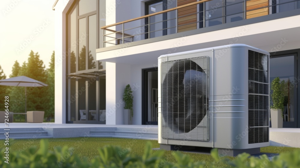 Heat pump on a modern house, Renewable Energy sources concept Heat pump on a modern house, Renewable Energy sources concept