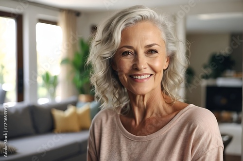 Lifestyle portrait of a beautiful senior woman smiling at the camera in a modern living room 