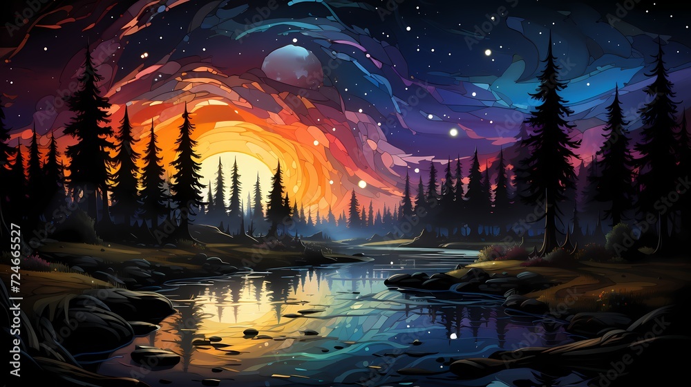 A captivating obsidian black lake reflecting the vibrant colors of a double rainbow, with the night sky aglow with the radiance of countless stars