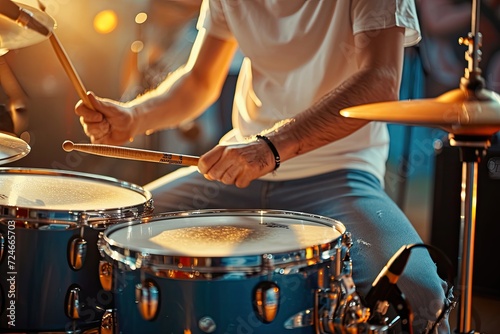 Drummer playing on rock drum set close up photo with warm toned live music background photo