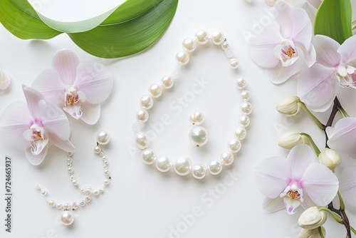 Elegant pearl jewelry and orchid flowers on white background laid flat
