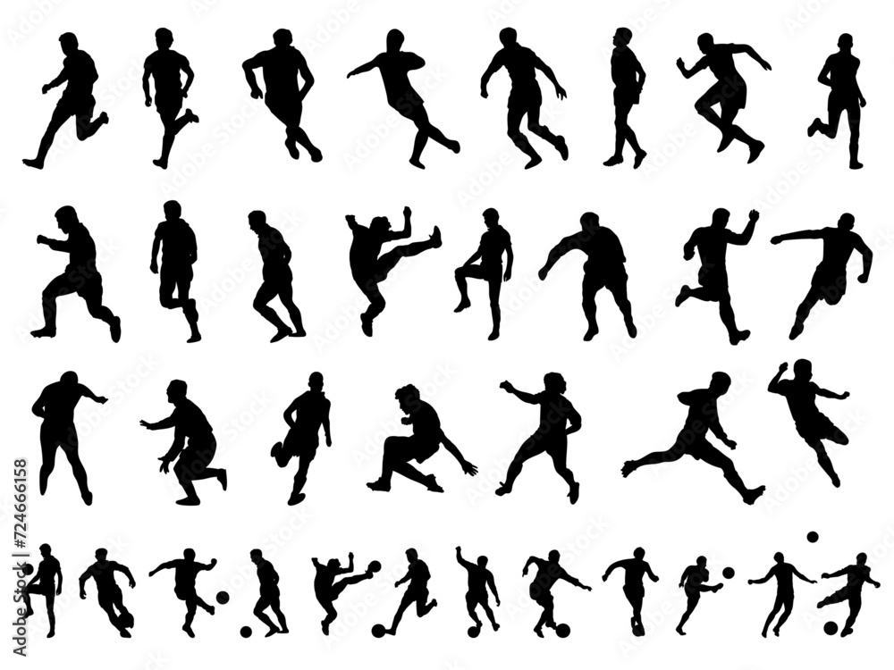 Football silhouettes. Set of silhouettes of soccer players in game motions. Vector illustration.