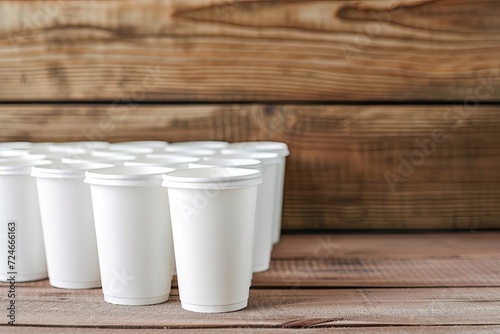 Empty white styrofoam cups on wooden surface with room for text