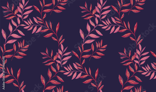 Bright elegance foliage intertwined seamless pattern on ad dark blue background. Abstract, artistic, garden leaves stem printing. Vector hand drawing. Template for designs, textile, fashion, fabric