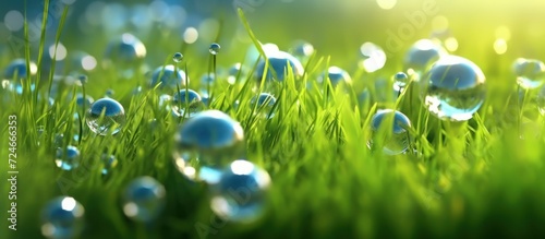 macro view of dew grains on a green grass field