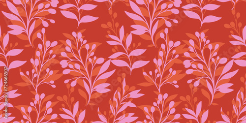 Artistic simple shapes branches leaves seamless pattern. Abstract, modern, colorful leaf stems on a orange background. Vector hand drawn. Template for design, textile, fashion, printing