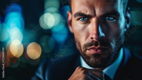 .Showcase a close-up of a businessman's determined expression, poised for competition