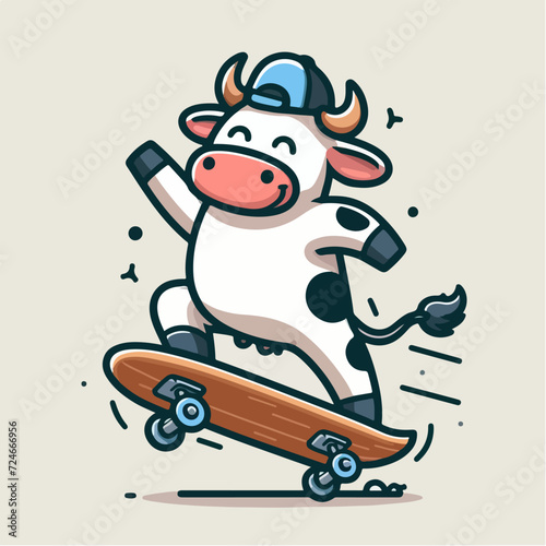 cute white cow cartoon character mascot skateboarding wearing a hat