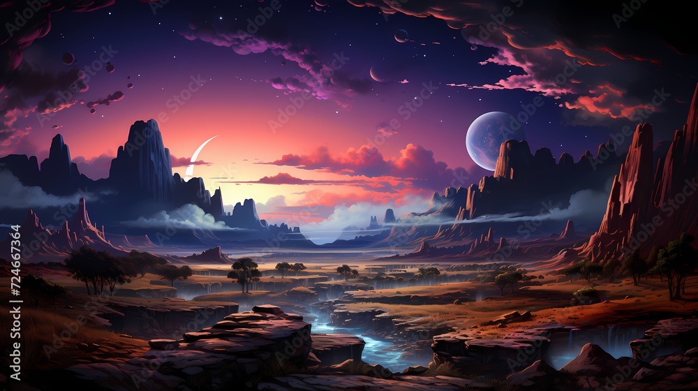 A captivating, otherworldly landscape with surreal rock formations and a vibrant, star-filled sky against a mysterious, dark background