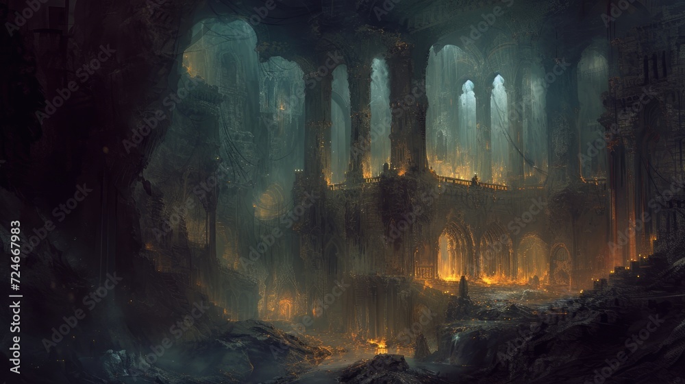 Ancient city in a dark forest with a fire Ancient city in a dark forest with a fire