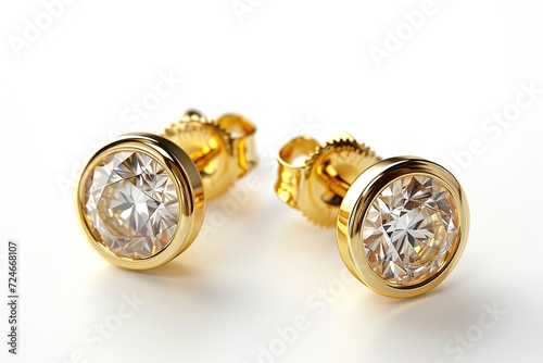 Frame with isolated solitary diamond and stacked golden earring with stud on white background