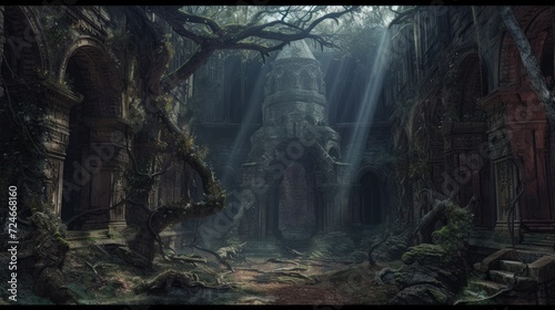Mysterious ruins of an ancient temple in the jungle