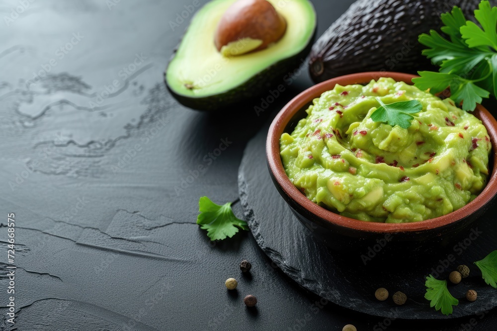Fresh ingredients make avocado guacamole on a black table