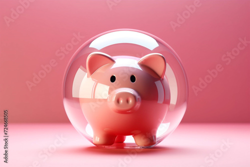 One piggy bank inside a glass ball on pink background. 3D illustration