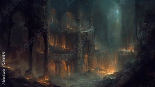 Ancient city in a dark forest with a fire