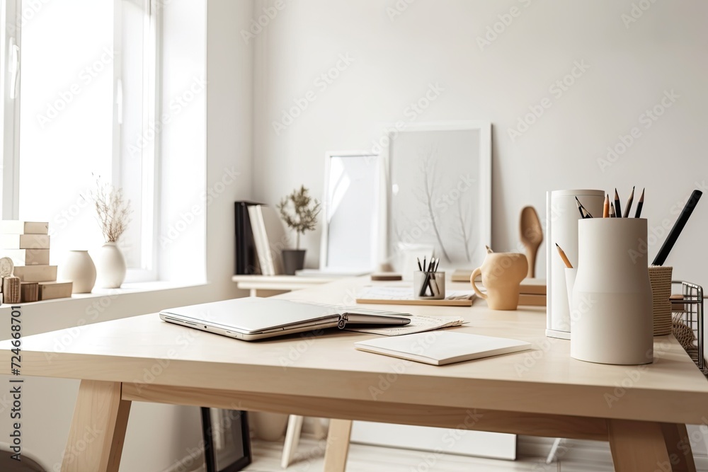 Modern office desk with a white table, an empty frame, books, stationery, and a coffee cup Modern office desk with a white table, an empty frame, books, stationery, and a coffee cup
