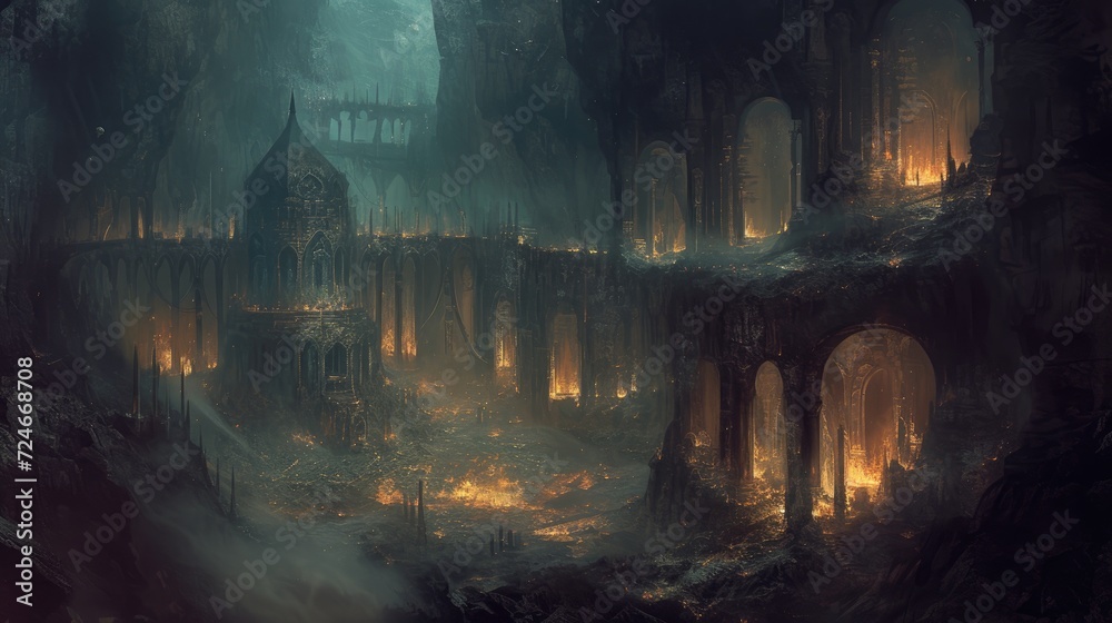 Obraz premium Ancient city in a dark forest with a fire