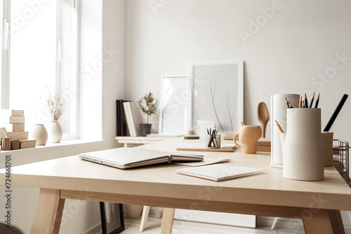 Modern office desk with a white table, an empty frame, books, stationery, and a coffee cup