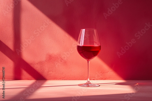 Glass of red wine casting shadows on a textured surface