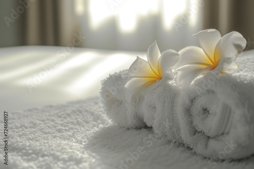 Fresh white towel with flowers inside hotel room
