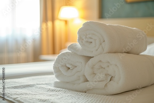 Fresh towels placed on hotel bed Welcome guests with room service