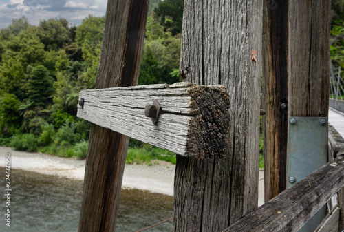 new zealand, tauranga bridge, waioeka gorge, waioeka river, waioeka scenic reserve, wooden beams, harp suspension bridge,  photo